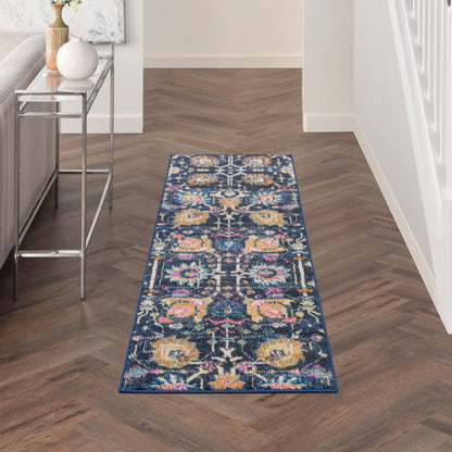 6' Navy Blue Floral Power Loom Runner Rug