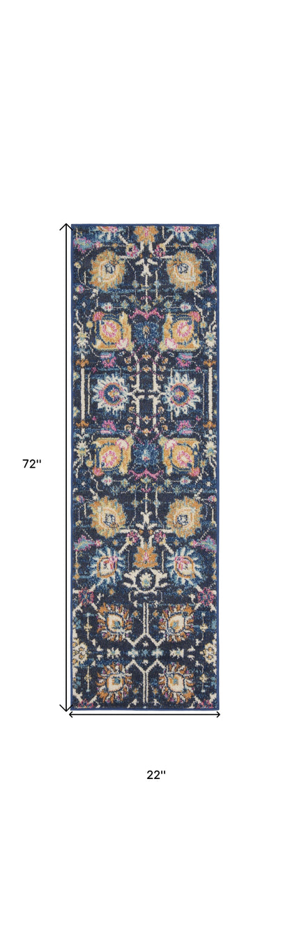 6' Navy Blue Floral Power Loom Runner Rug