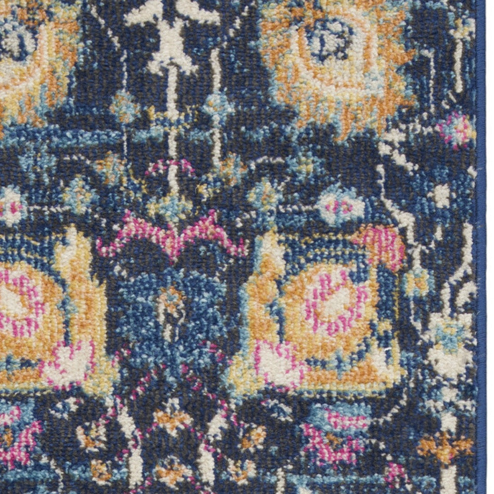 6' Navy Blue Floral Power Loom Runner Rug