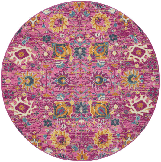 8' Pink Round Floral Power Loom Area Rug