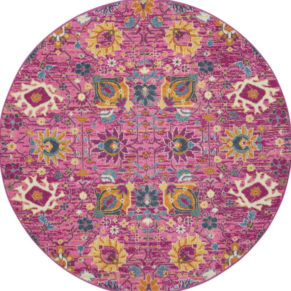 8' Pink Round Floral Power Loom Area Rug