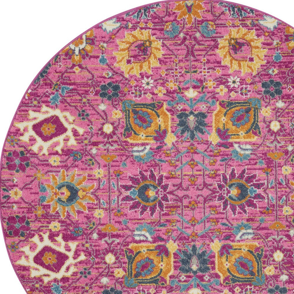 8' Pink Round Floral Power Loom Area Rug