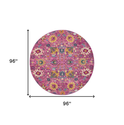 8' Pink Round Floral Power Loom Area Rug