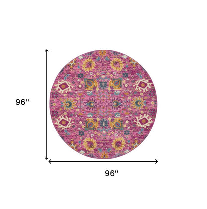 8' Pink Round Floral Power Loom Area Rug