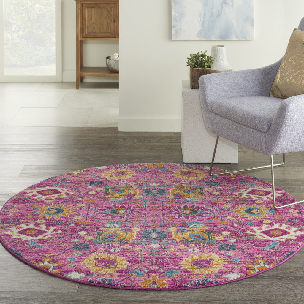 4' Pink Round Floral Power Loom Area Rug