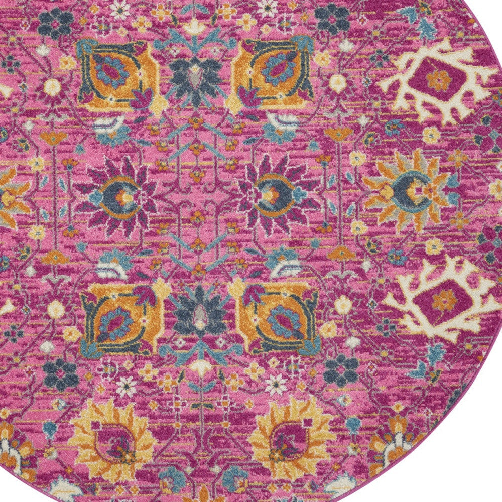 4' Pink Round Floral Power Loom Area Rug