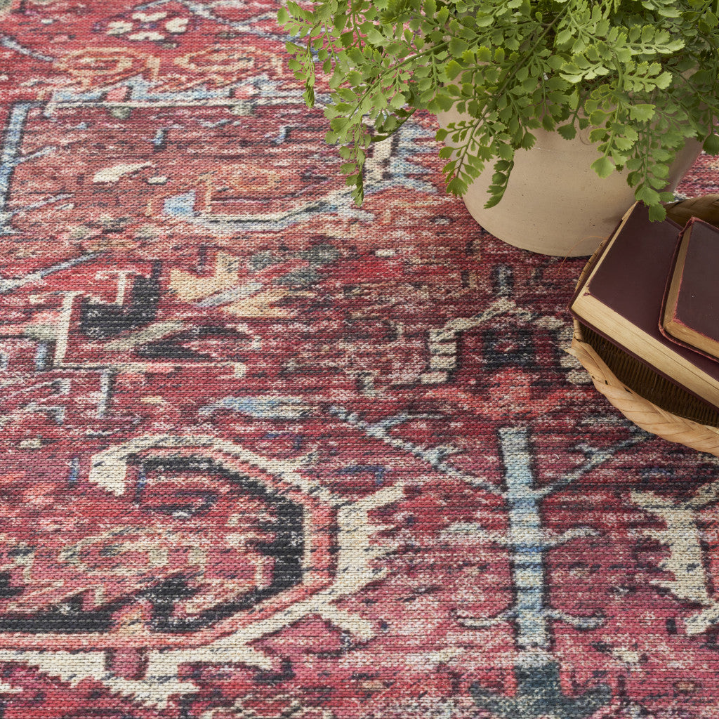 8' X 10' Red Floral Power Loom Distressed Area Rug