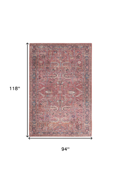 8' X 10' Red Floral Power Loom Distressed Area Rug