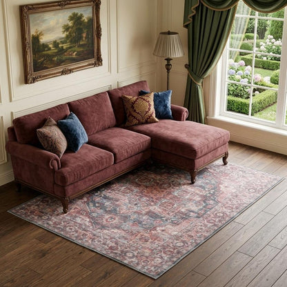 8' X 10' Red Floral Power Loom Distressed Washable Area Rug