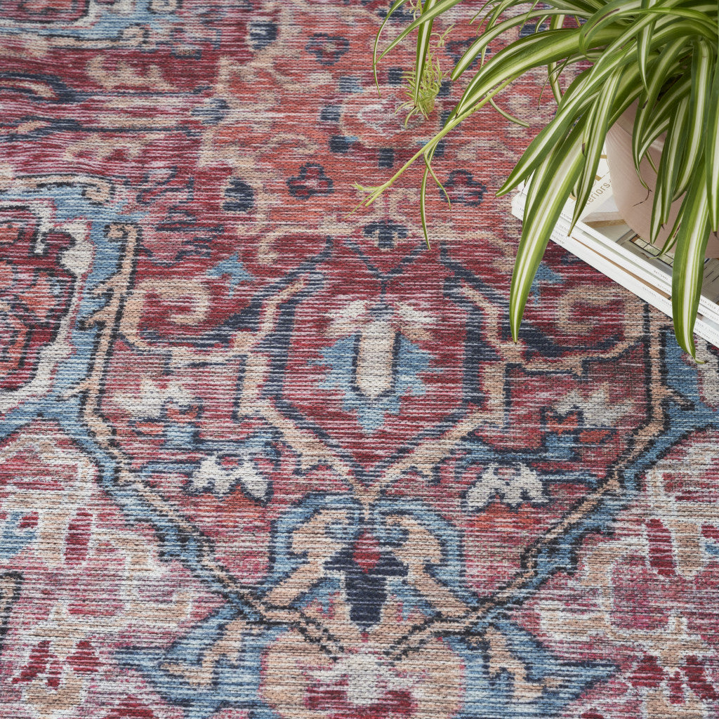 8' X 10' Red Floral Power Loom Distressed Washable Area Rug