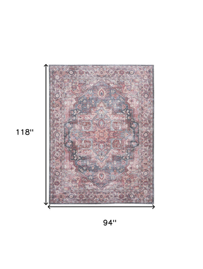 8' X 10' Red Floral Power Loom Distressed Washable Area Rug