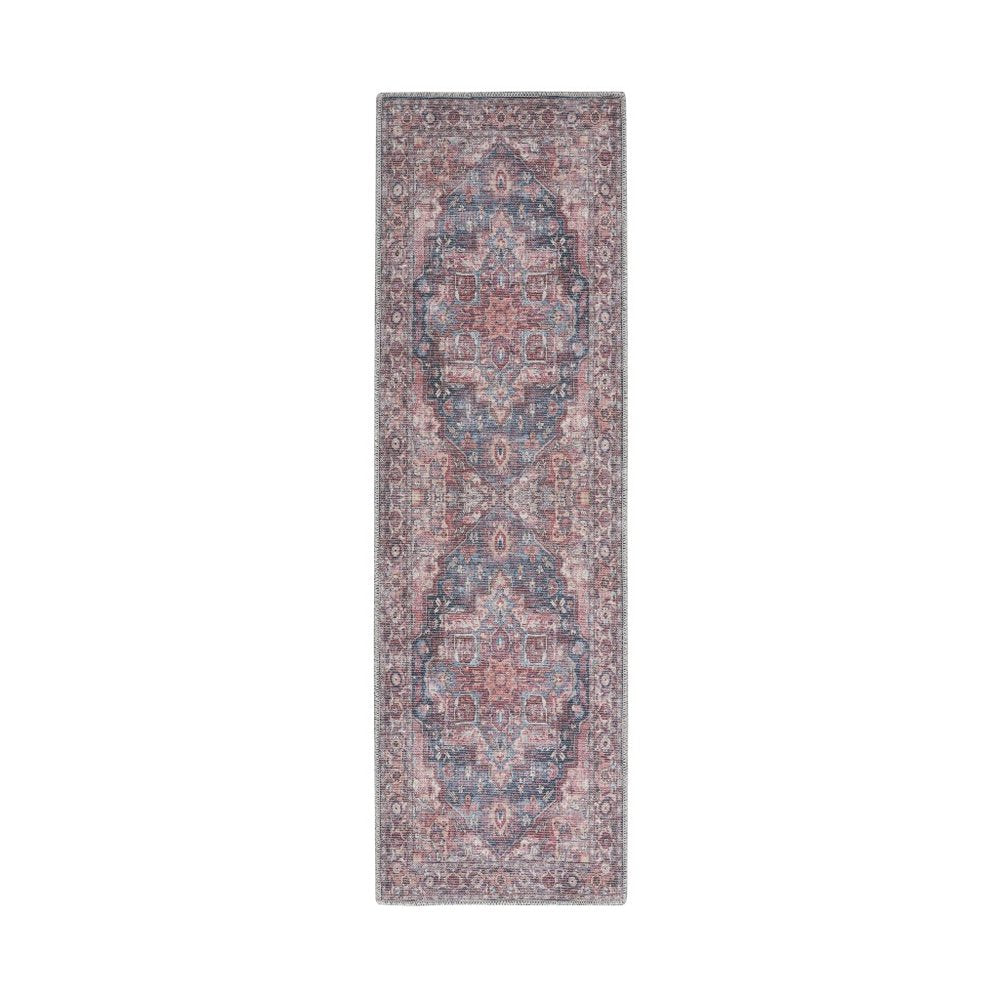 8' Red Floral Power Loom Distressed Washable Runner Rug