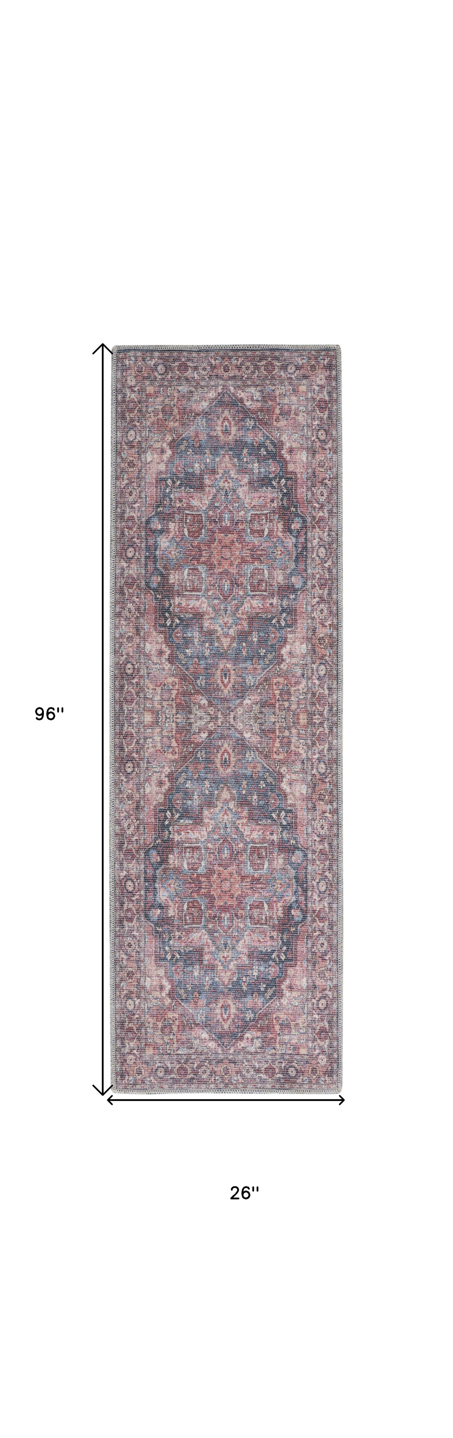 8' Red Floral Power Loom Distressed Washable Runner Rug