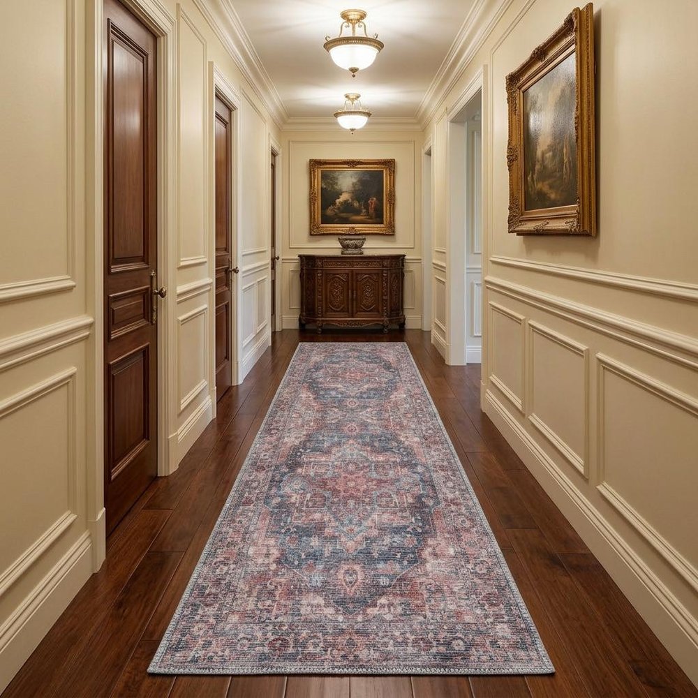 10' Red Floral Power Loom Distressed Washable Runner Rug