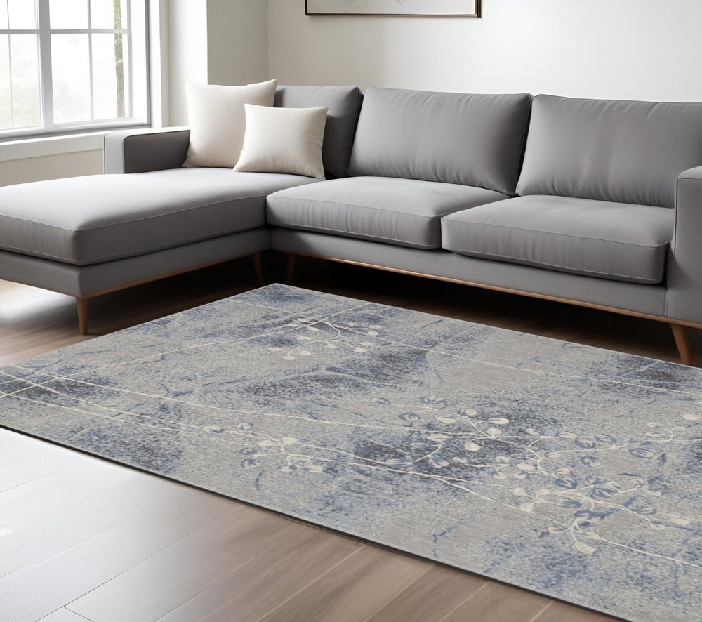 8' X 11' Blue Floral Power Loom Non Skid Area Rug