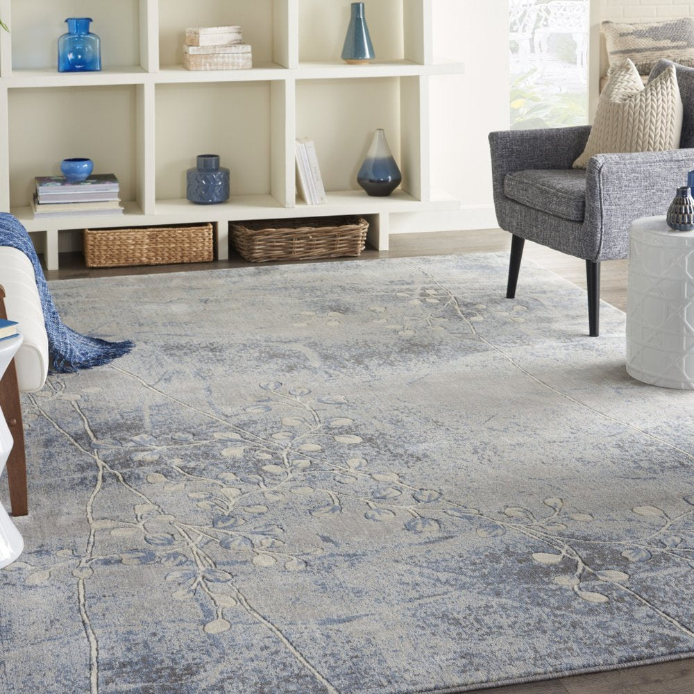 8' X 11' Blue Floral Power Loom Non Skid Area Rug