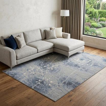 8' X 11' Blue Floral Power Loom Non Skid Area Rug