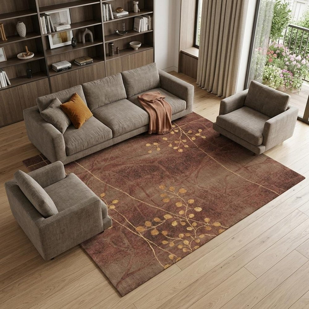 8' X 11' Brown Floral Power Loom Non Skid Area Rug