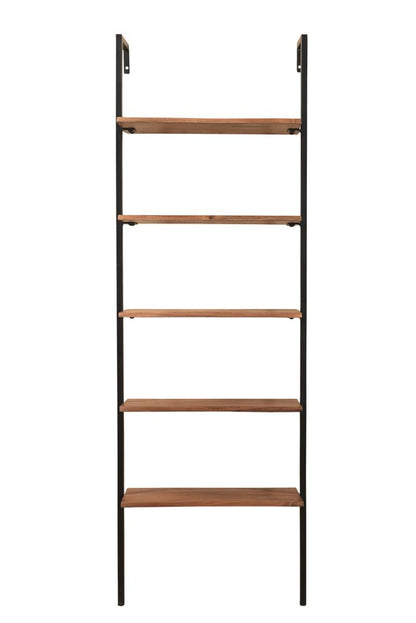 72" Brown Metal and Solid Wood Five Tier Ladder Bookcase