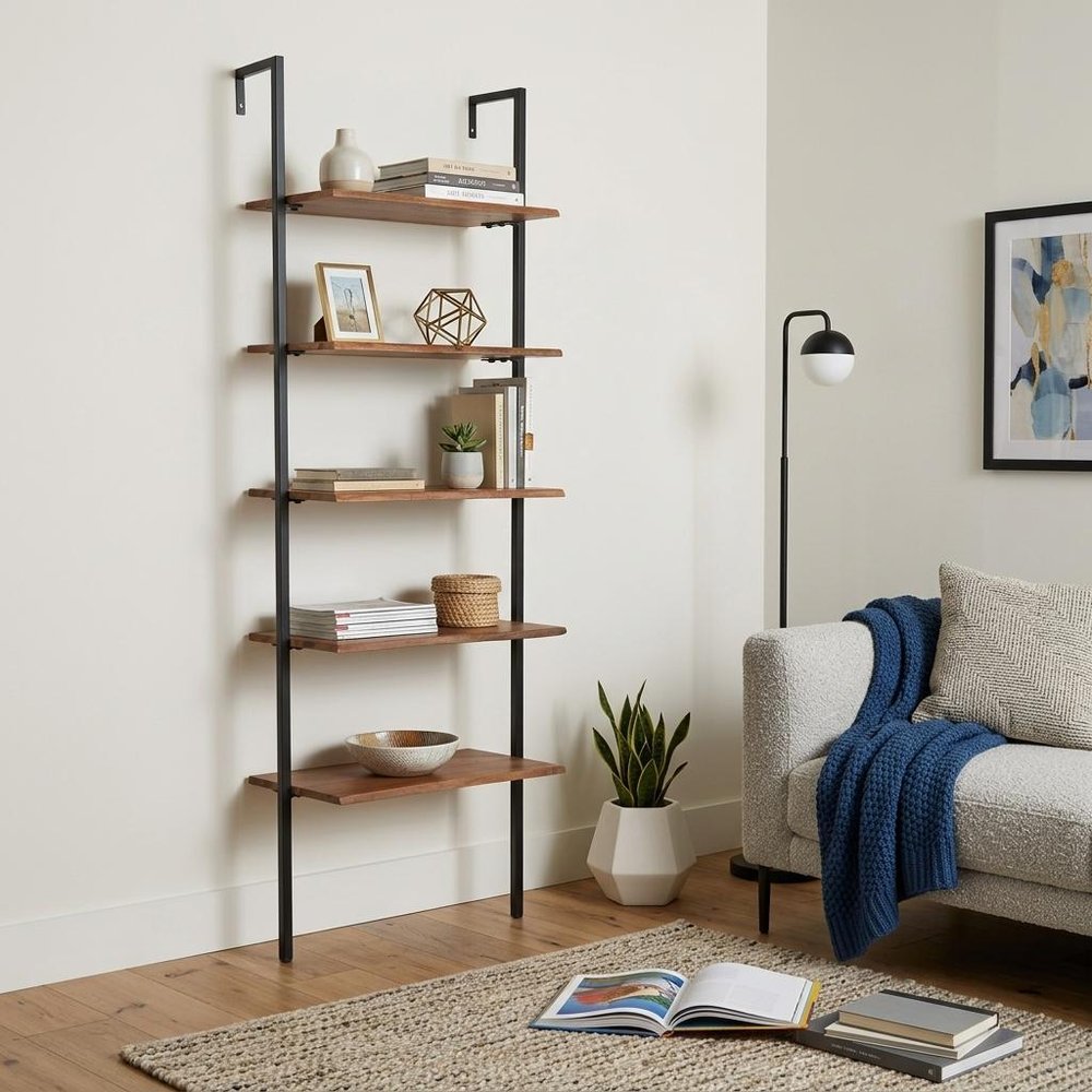 72" Brown Metal and Solid Wood Five Tier Ladder Bookcase