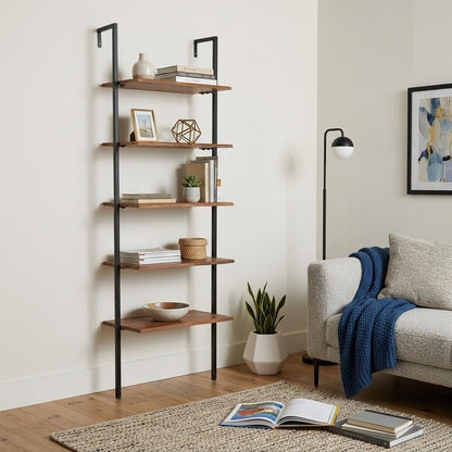 72" Brown Metal and Solid Wood Five Tier Ladder Bookcase