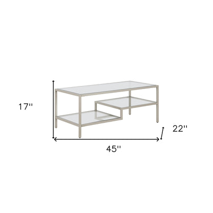 45" Silver Glass And Steel Coffee Table With Two Shelves