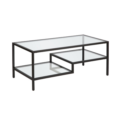 45" Black Glass And Steel Coffee Table With Two Shelves