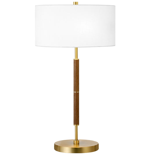 25" Gold and Oak Metal Two Light Table Lamp With White Drum Shade