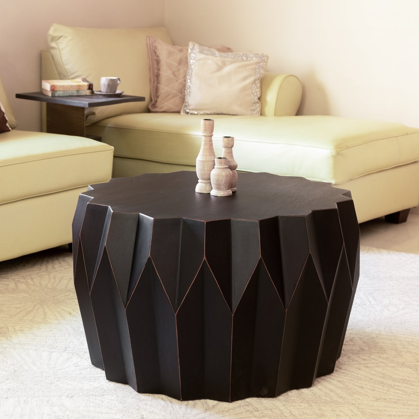 29" Black Solid Wood Round Distressed Coffee Table