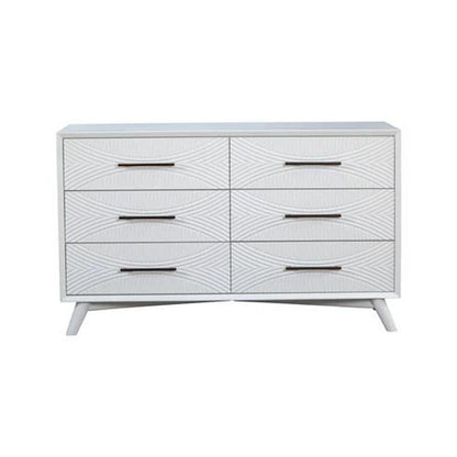 56" White Carved Geometric Solid Wood Six Drawer Double Dresser