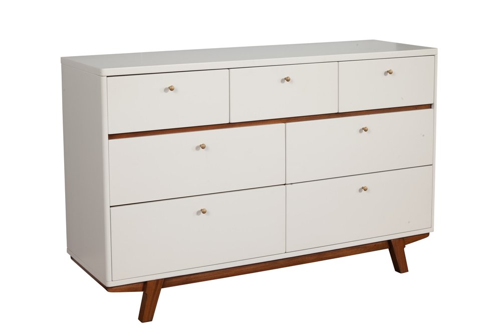 56" Brown And White Solid Wood Seven Drawer Double Dresser