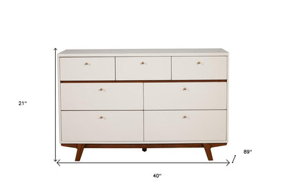 56" Brown and White Solid Wood Seven Drawer Double Dresser