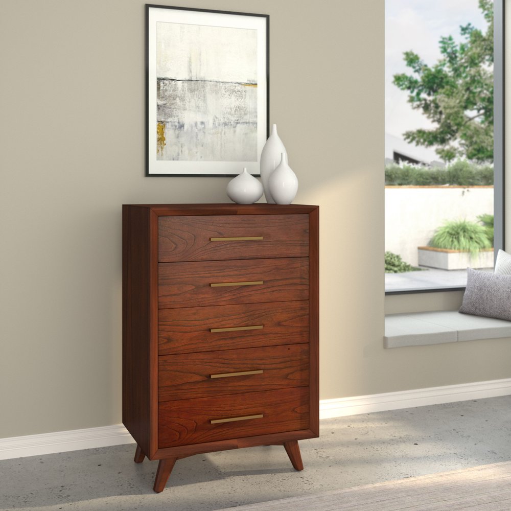 28" Brown Solid Wood Five Drawer Dresser