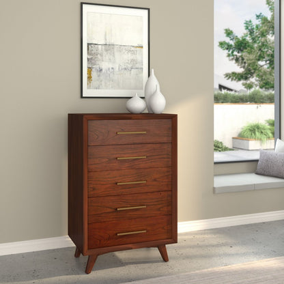 28" Brown Solid Wood Five Drawer Dresser