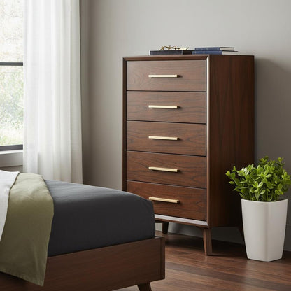 28" Brown Solid Wood Five Drawer Dresser