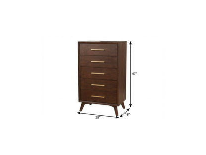 28" Brown Solid Wood Five Drawer Dresser