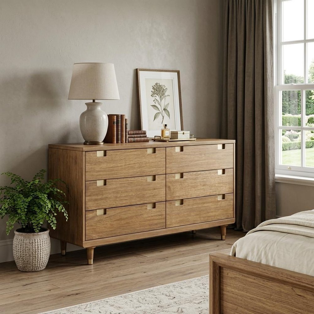 60" Brown Solid Wood Six Drawer Double Dresser