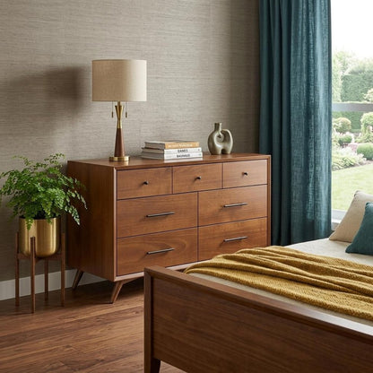 56" Brown Solid Wood Seven Drawer Double Dresser