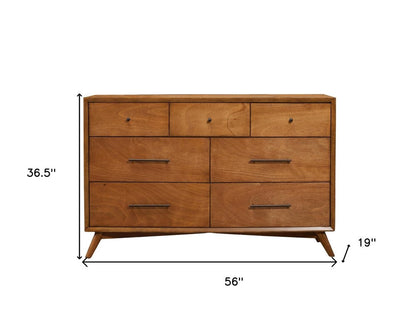 56" Brown Solid Wood Seven Drawer Double Dresser
