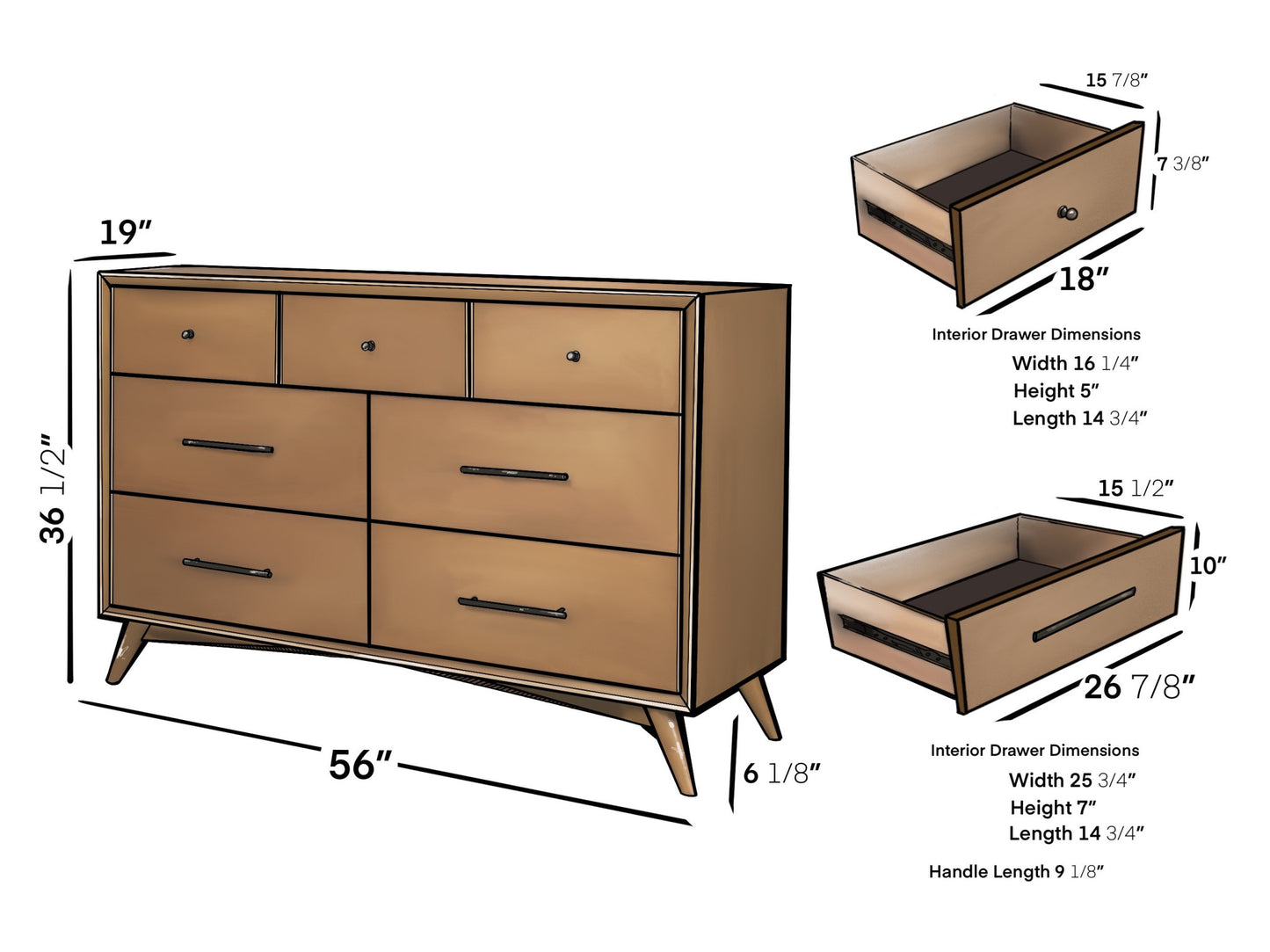 56" Brown Solid Wood Seven Drawer Double Dresser