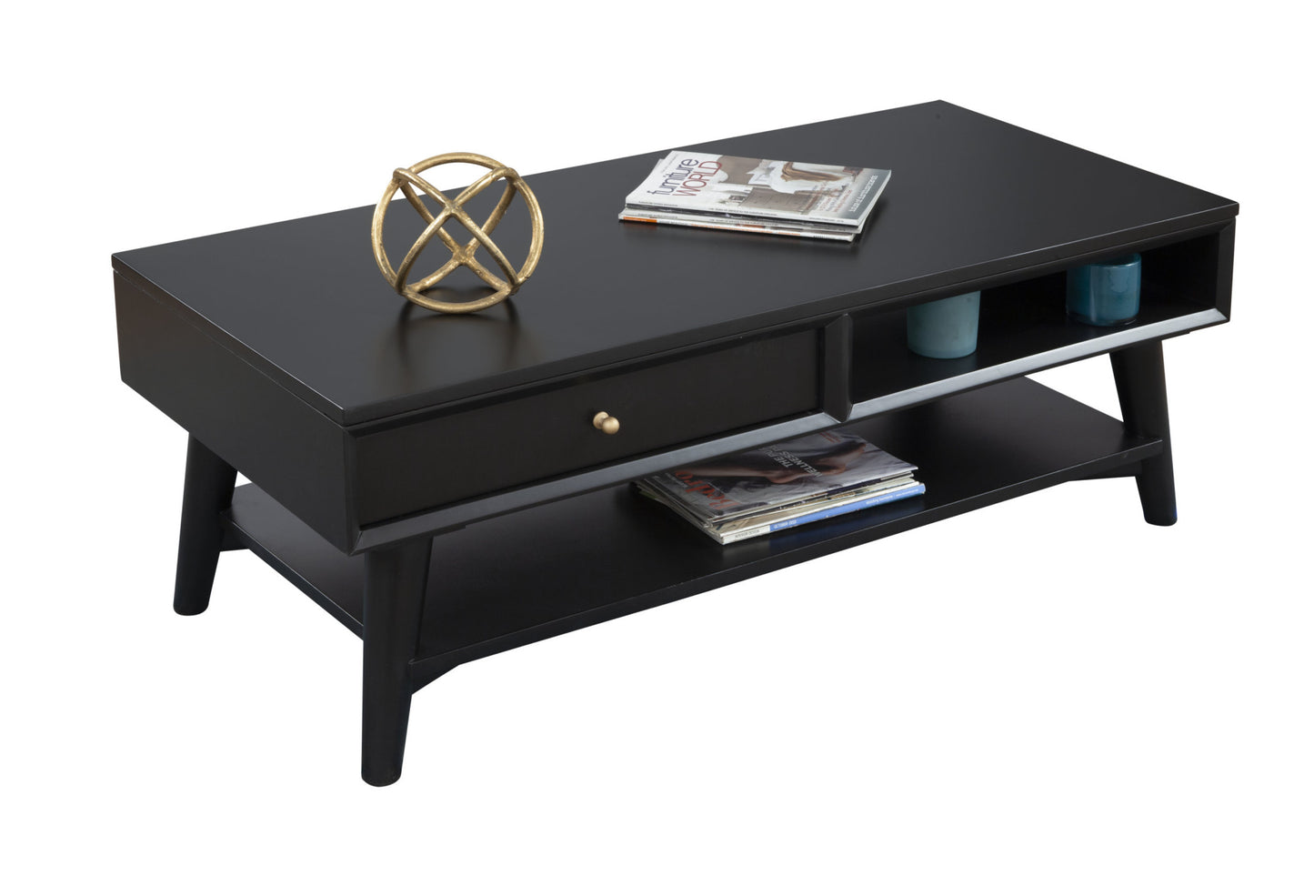 48" Black Solid And Manufactured Wood Coffee Table With Drawer