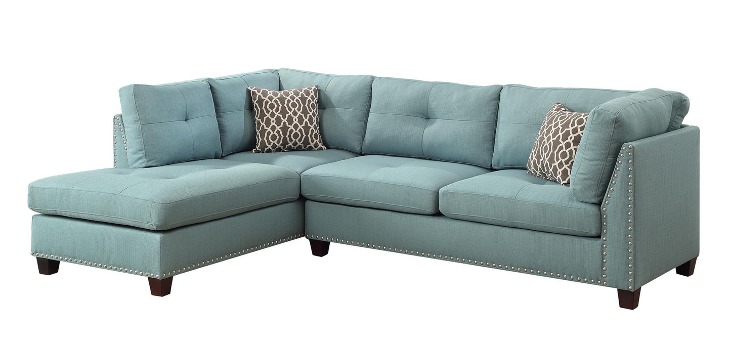 Teal Blue Linen L Shaped Three Piece Sofa and Chaise Sectional And Toss Pillows