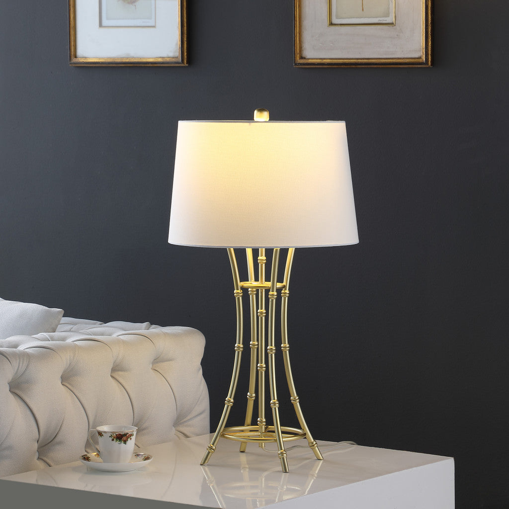 29" Gold Bamboo Design Table Lamp With Off White Drum Shade