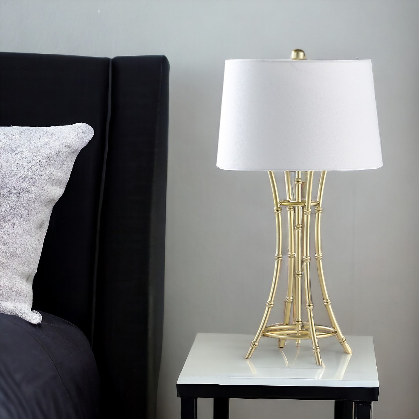 29" Gold Bamboo Design Table Lamp With Off White Drum Shade