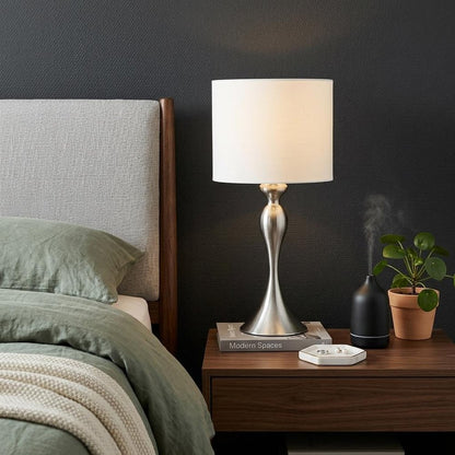25" Silver Metal Table Lamp With Off White Drum Shade