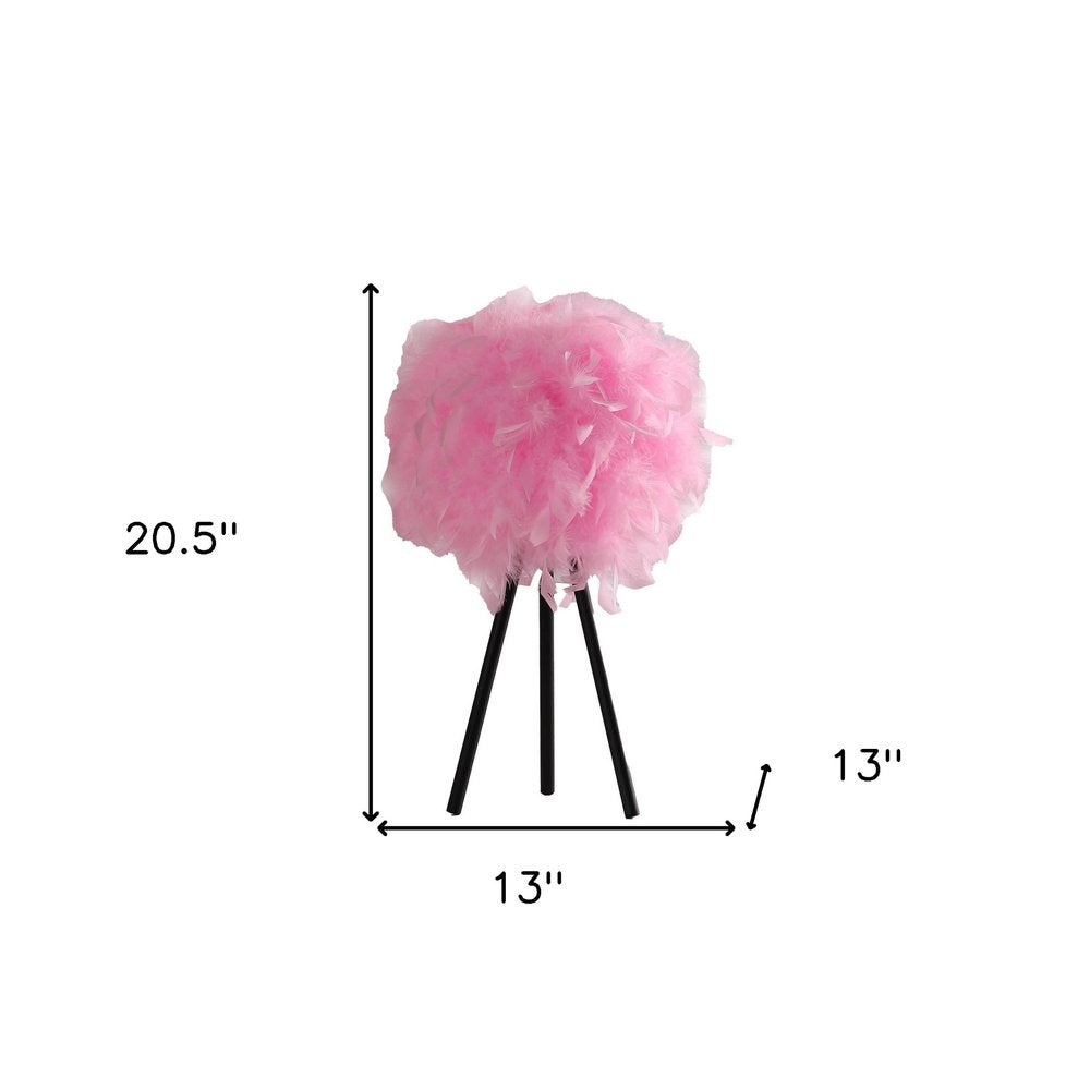 21" Black And Pink Faux Feather Tripod Table Lamp