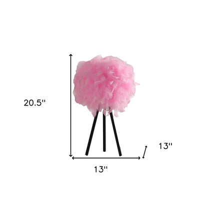 21" Black And Pink Faux Feather Tripod Table Lamp