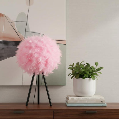 21" Black And Pink Faux Feather Tripod Table Lamp