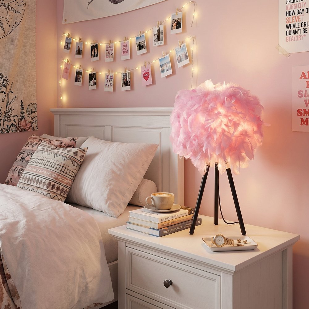 21" Black And Pink Faux Feather Tripod Table Lamp