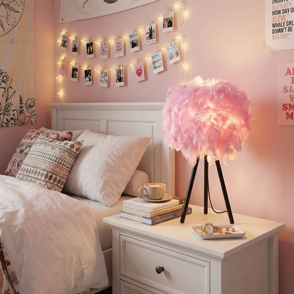 21" Black And Pink Faux Feather Tripod Table Lamp